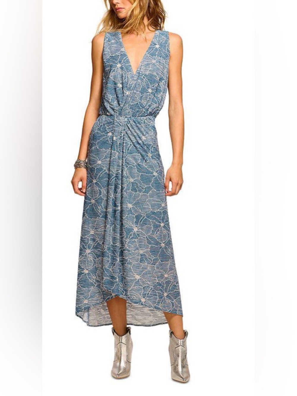 Ramy Brook Blue Floral Sleeveless High-Low Midi Dress - Picture 2 of 8
